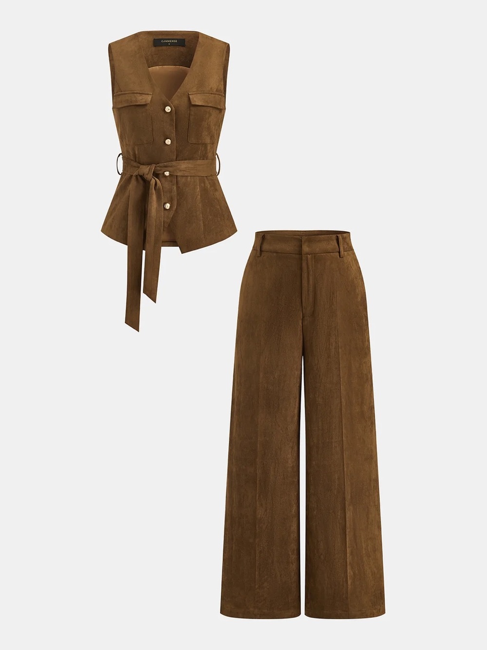 Brown Suede Vest & Wide-Leg Pants Set